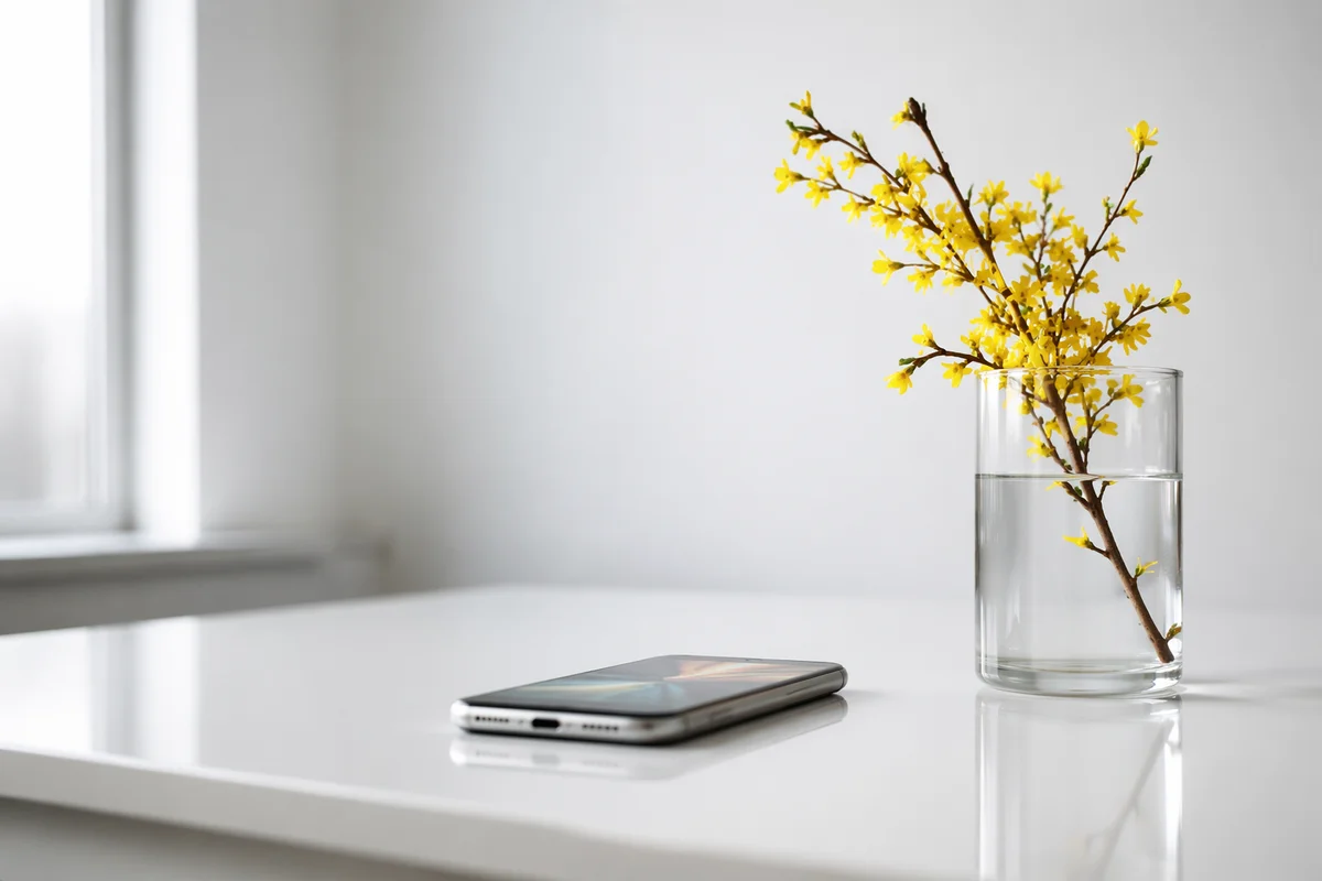 Minimalist White Desk With Yellow Blossoms