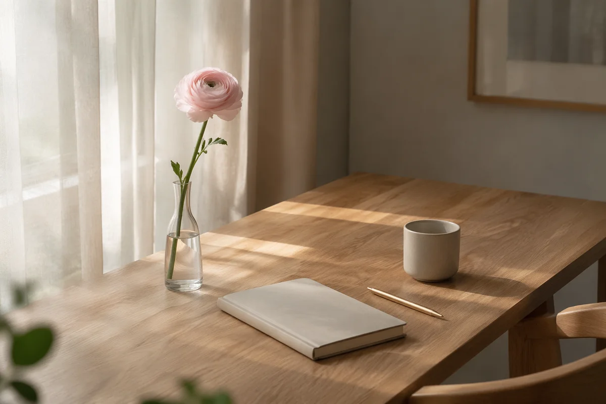 Minimalist Desk with Pink Ranunculus Vase