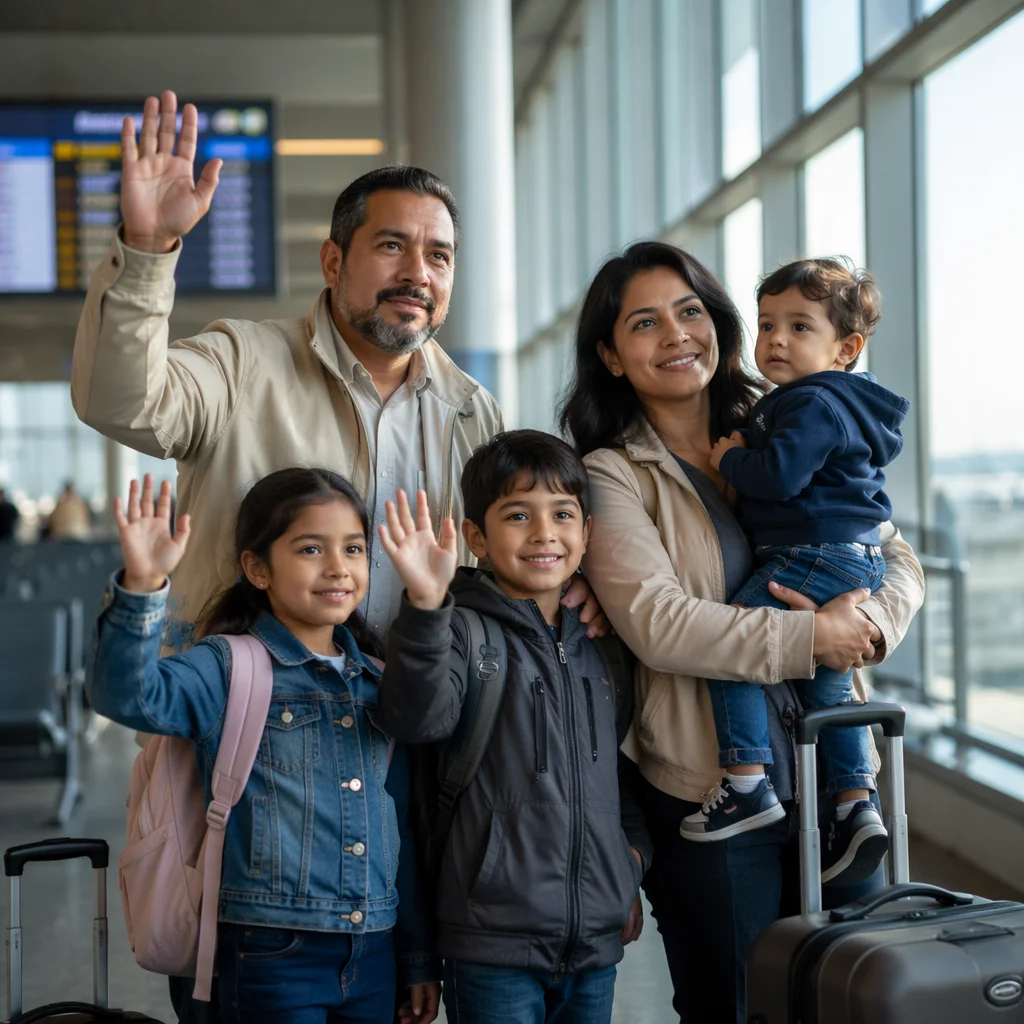 Family Waving Goodbye at Airport Terminal