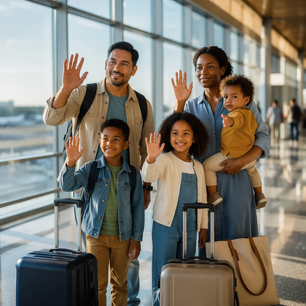 Family Waving Goodbye at Airport Terminal
