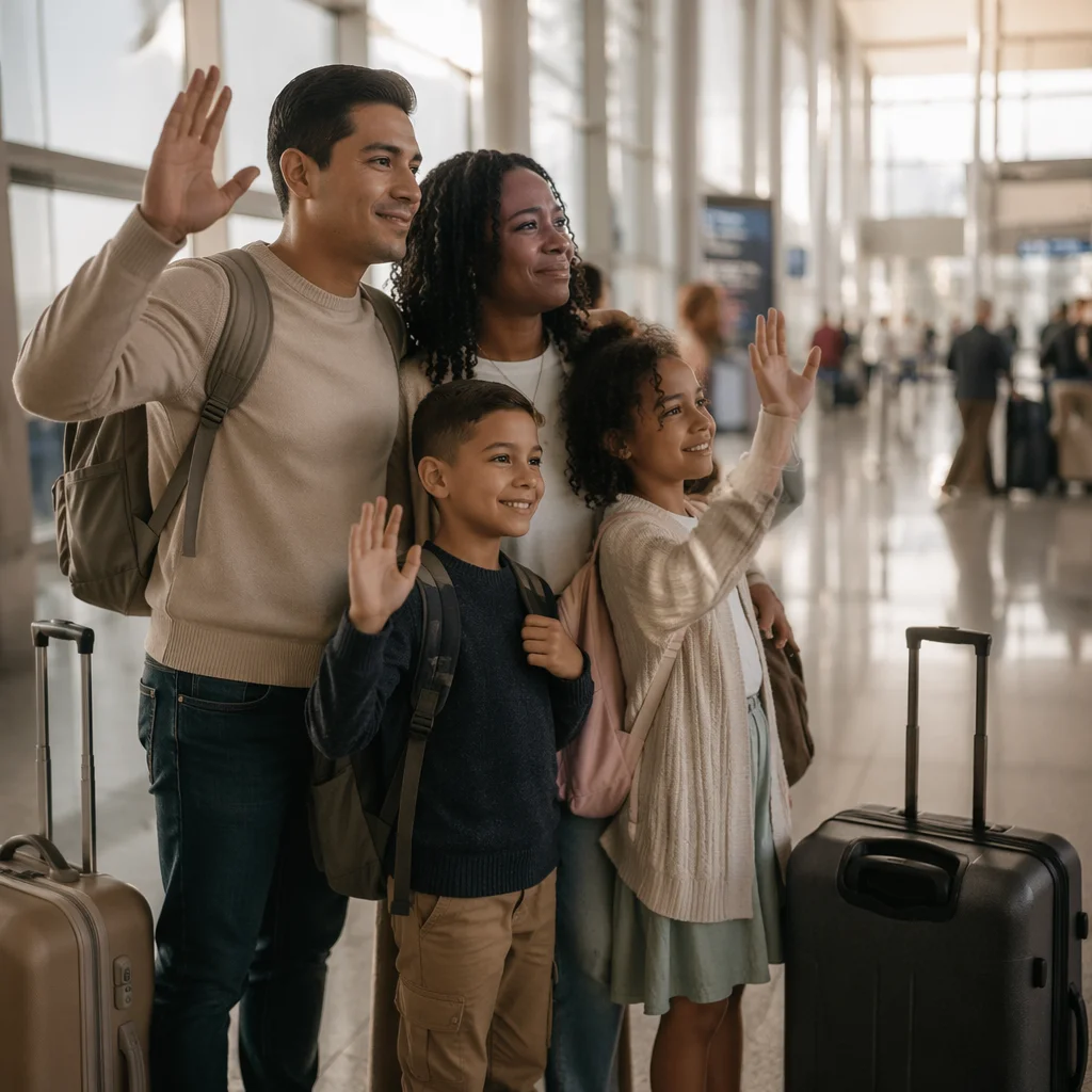 Family Waving Goodbye at Airport Terminal