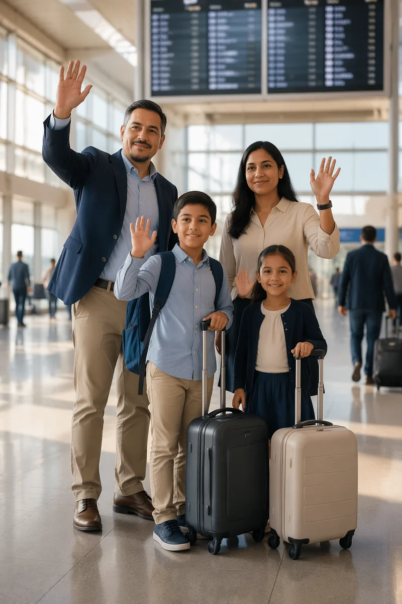 Family Waving Goodbye at Airport Terminal