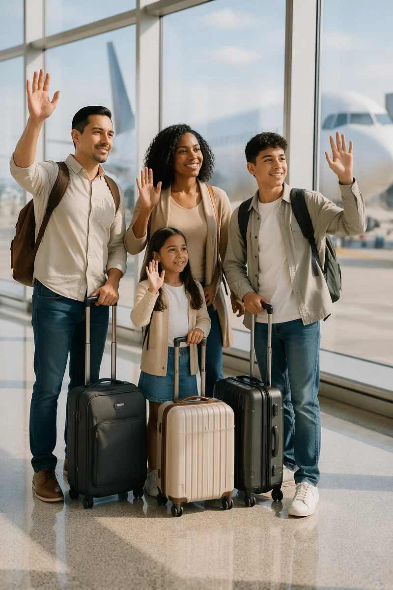 Family Waving Goodbye at Airport Terminal