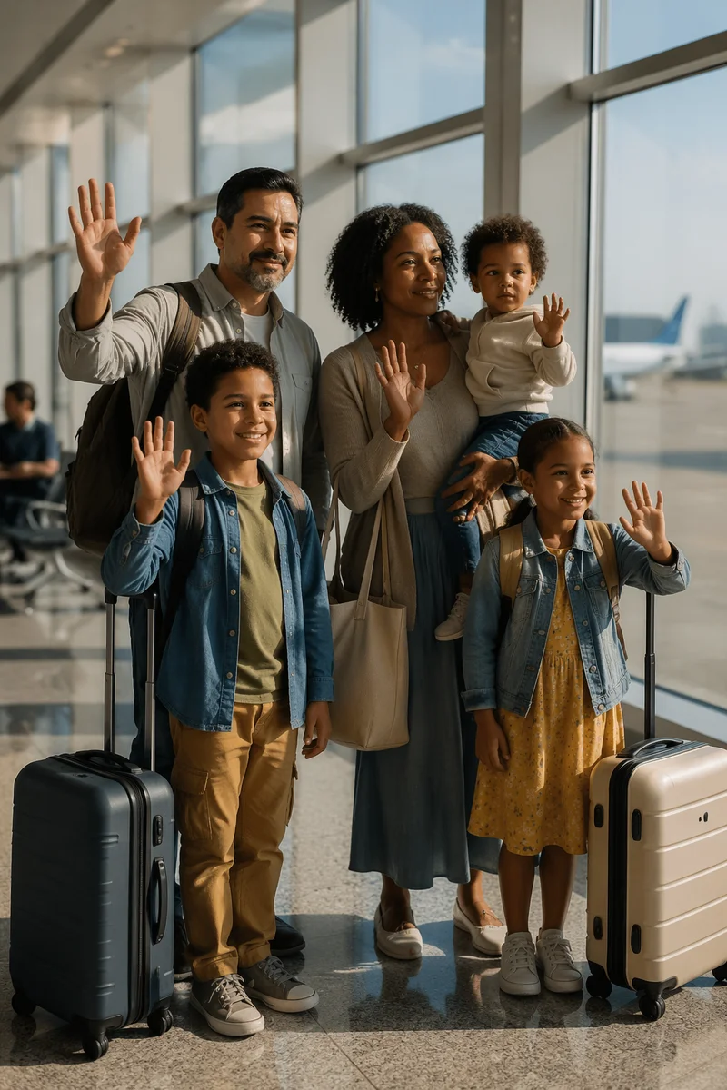 Family Waving Goodbye at Airport Terminal