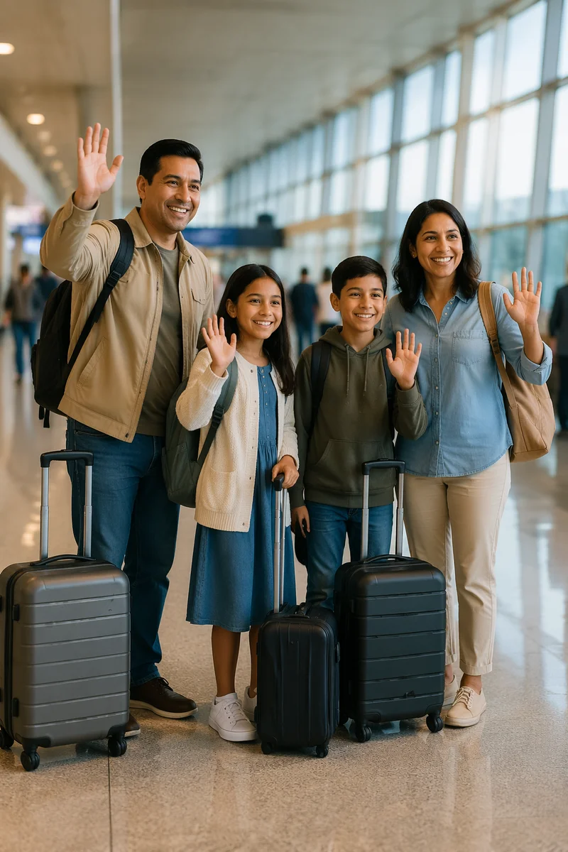 Family Waving Goodbye at Airport Terminal