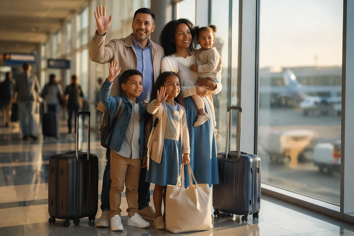 Family Waving Goodbye at Airport Terminal