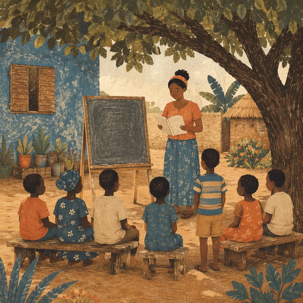 Missionary Teaching Children Beneath African Shade Tree