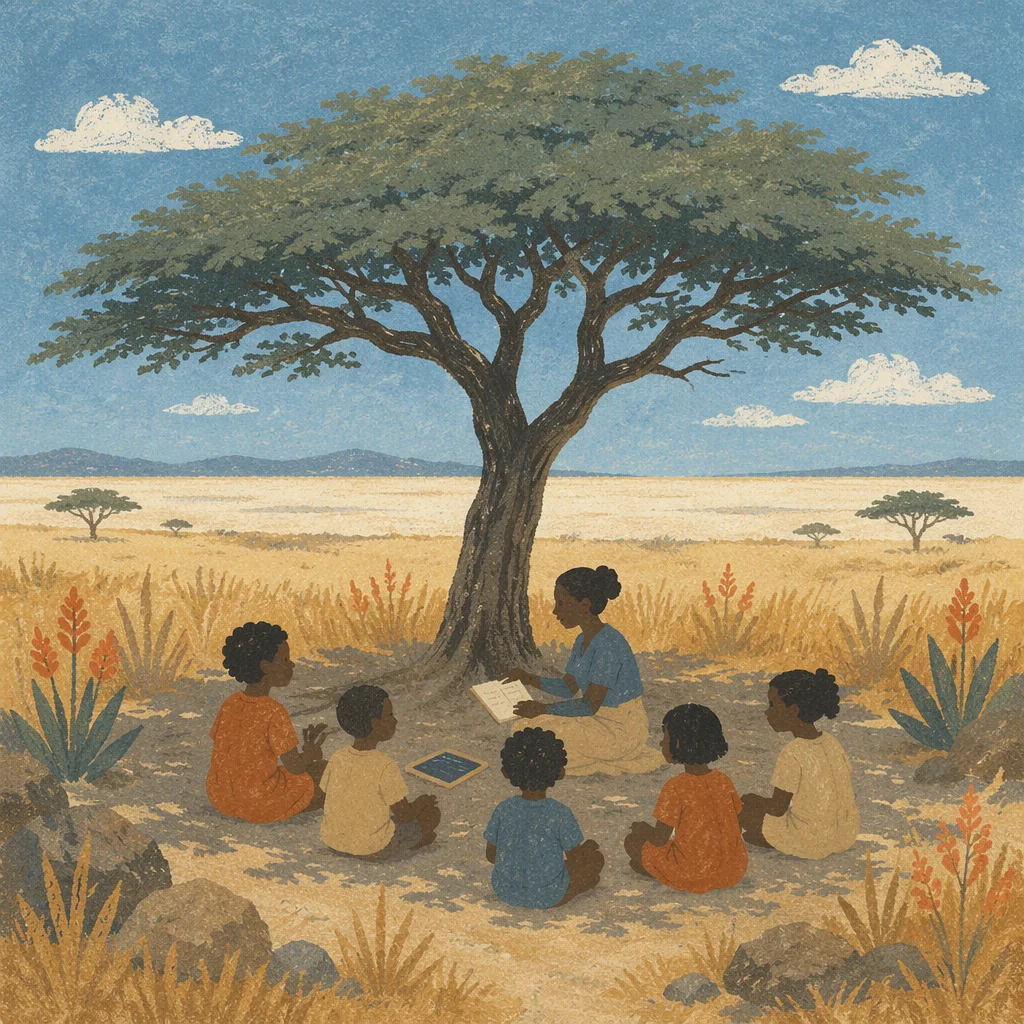 Missionary Teaching Children Beneath African Acacia