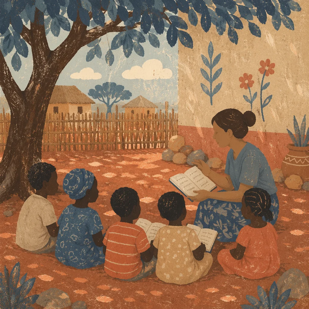 Missionary Teaching Children Beneath African Shade Tree
