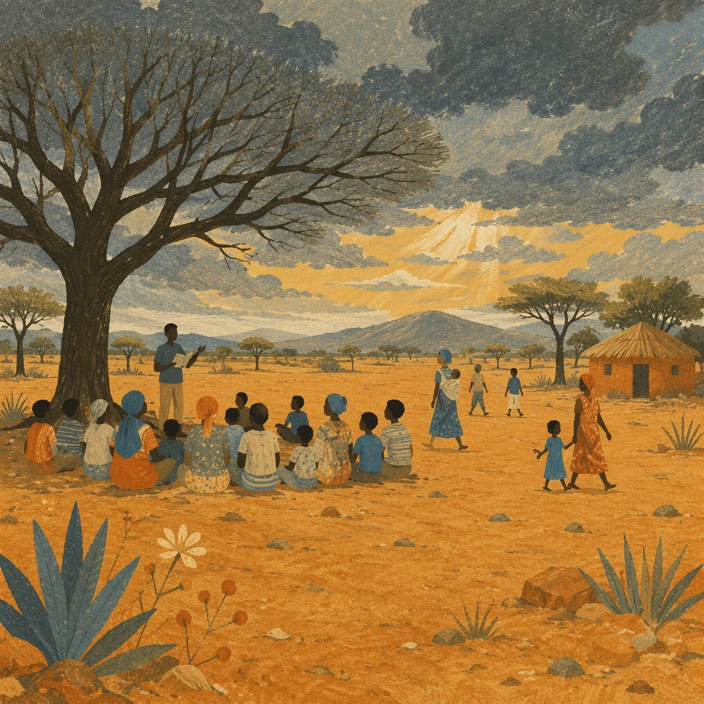 Missionary Teaching Children Beneath African Tree