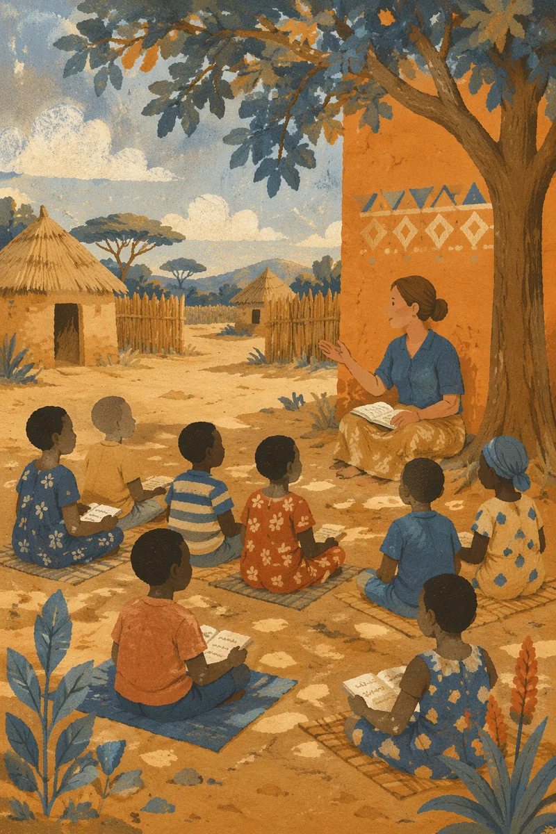Missionary Teaching Children Beneath African Shade Tree