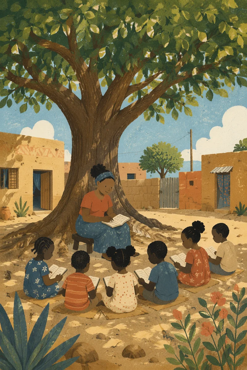 Missionary Teaching Children Beneath African Shade Tree