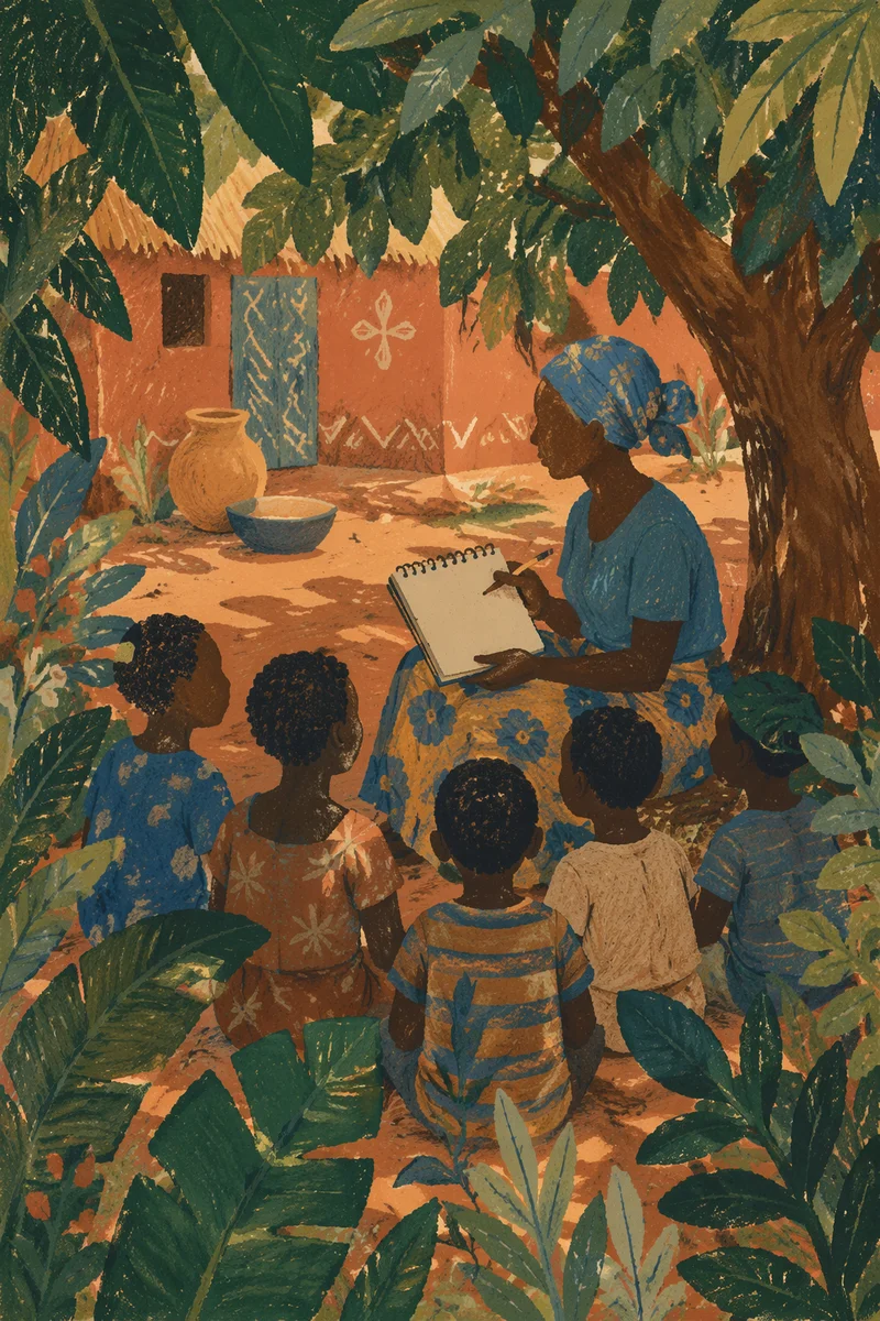 Missionary Teacher With Children Under African Tree