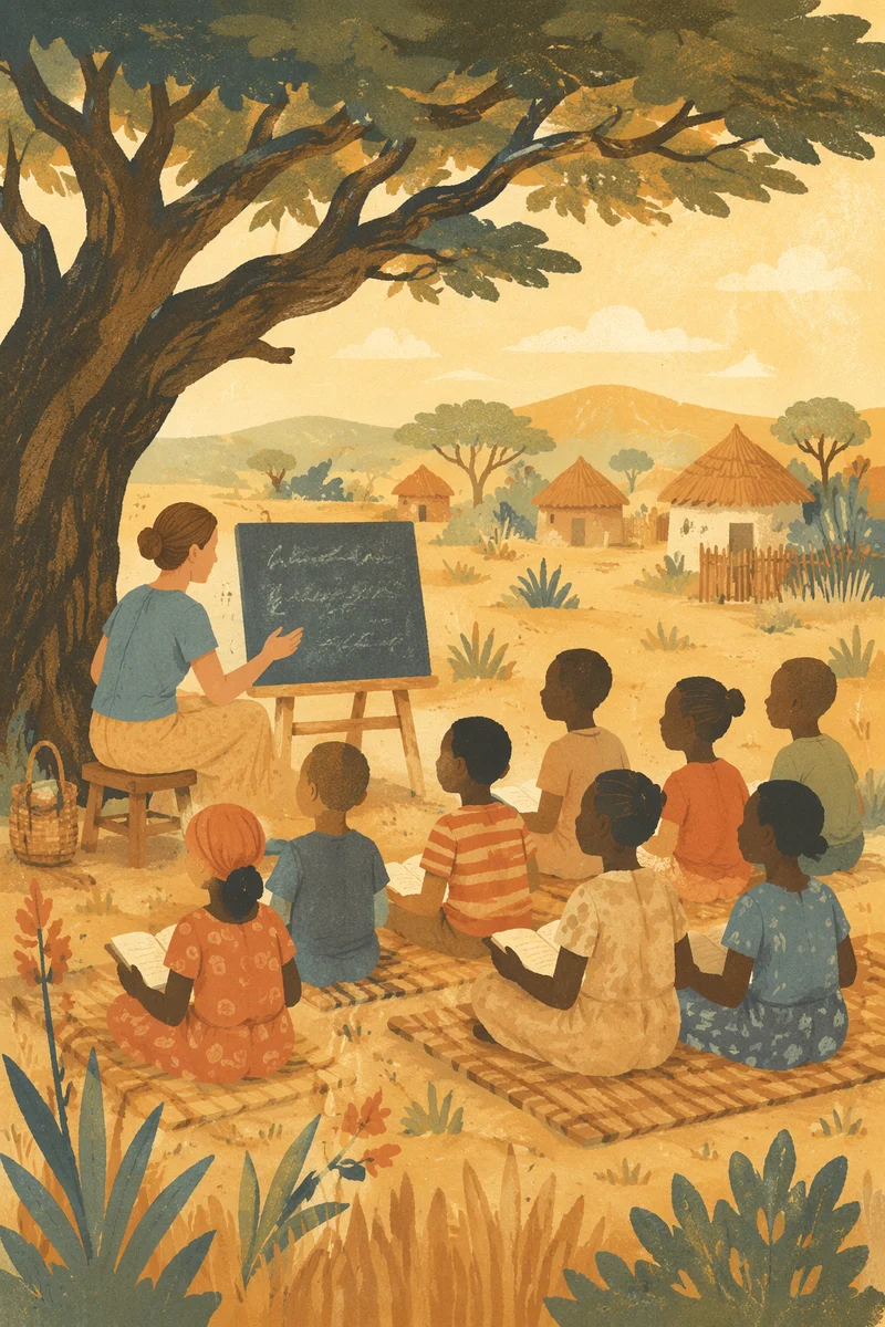 Missionary Teaching Children Beneath African Acacia