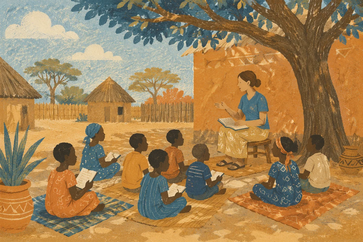 Missionary Teaching Children Beneath African Shade Tree