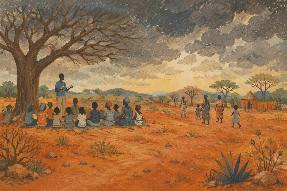 Missionary Teaching Children Beneath African Tree