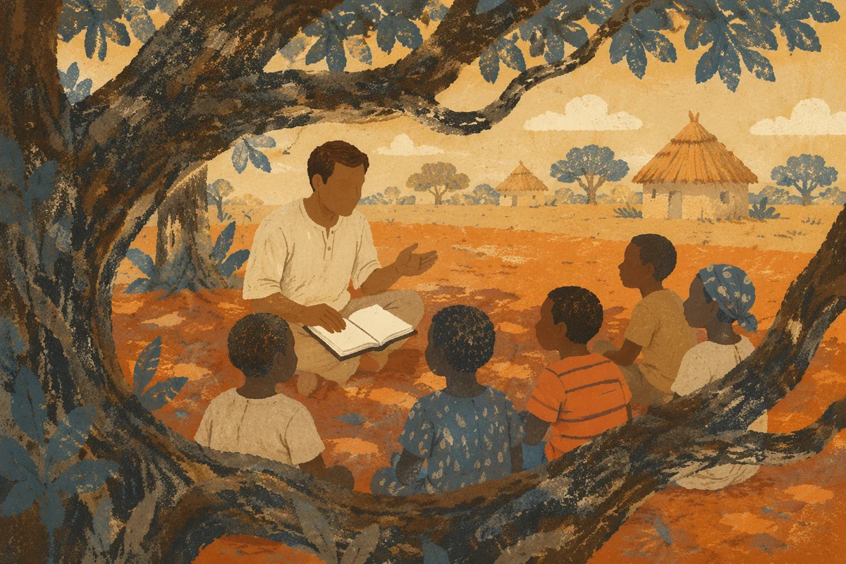 Missionary Teaching Children Beneath African Tree