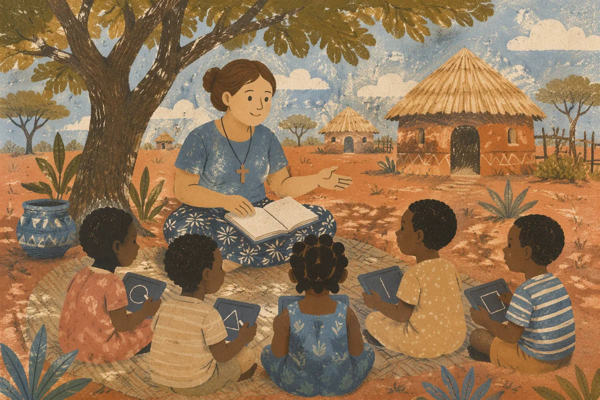 Missionary Teaching Children Beneath African Acacia