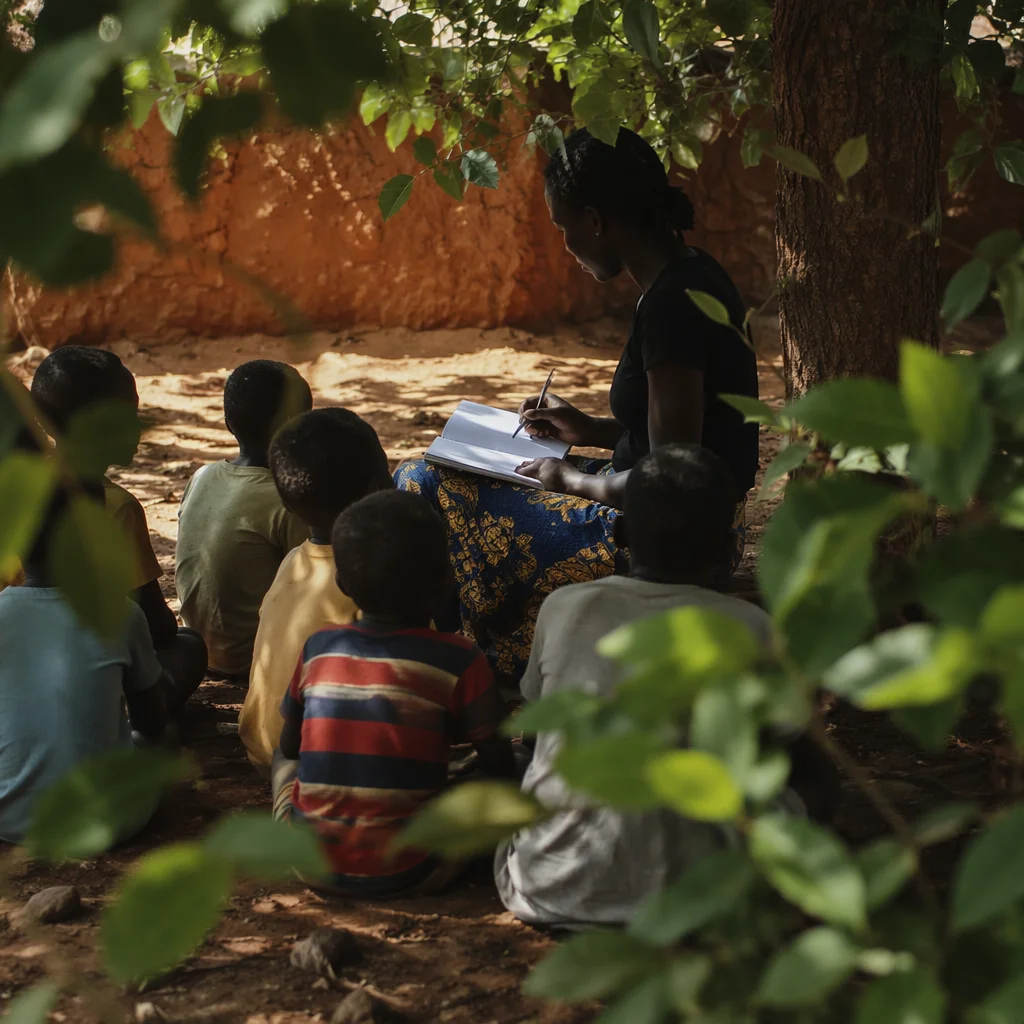 Missionary Teaching Children Beneath African Tree