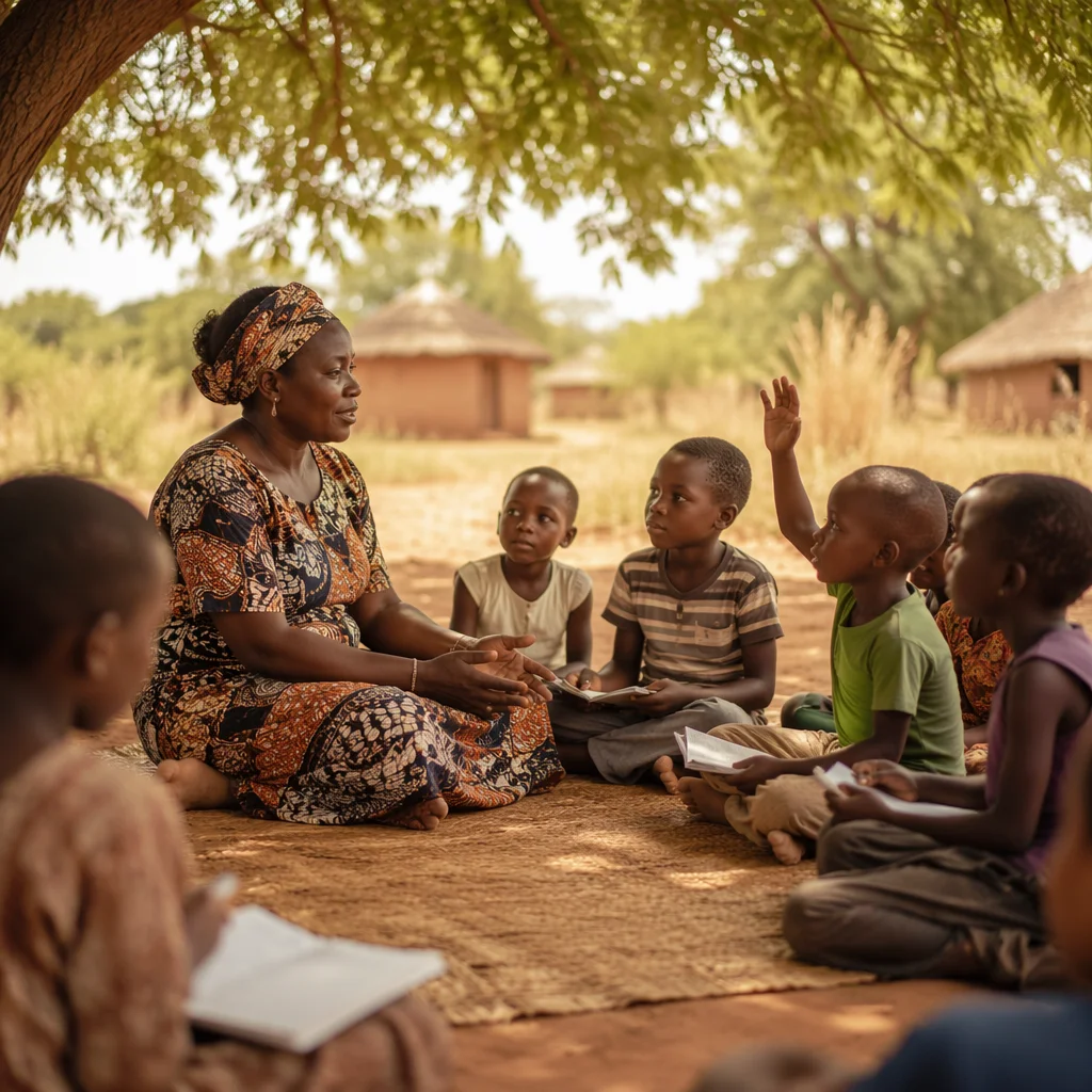 African Missionary Teaching Children Under Acacia Tree