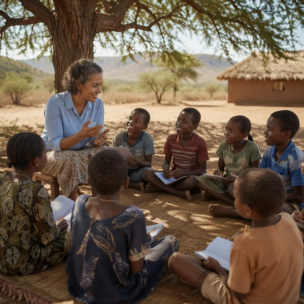 Missionary Teaching Children Beneath African Acacia Tree