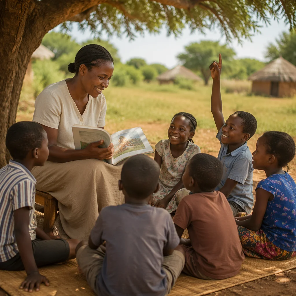 Missionary Teaching Children Beneath African Acacia Tree