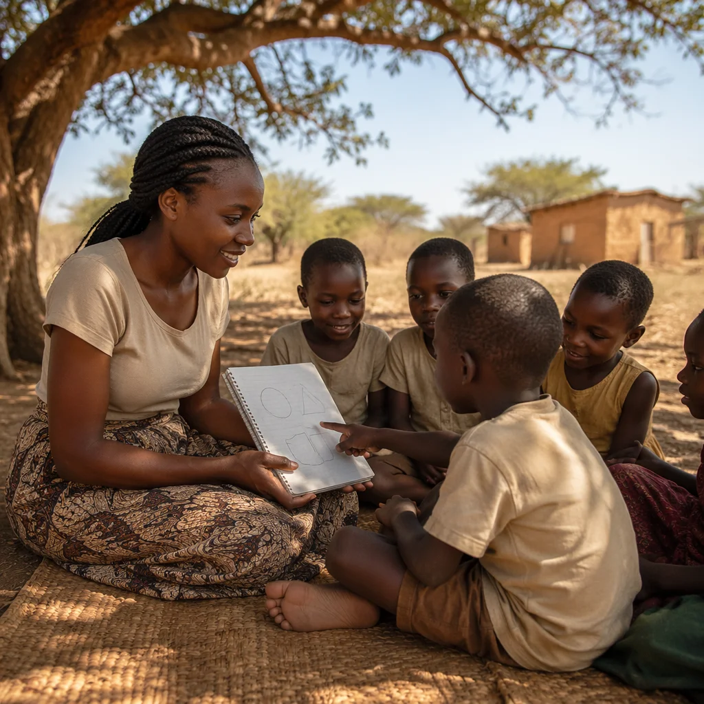 Woman Teaching Children Under Acacia Tree