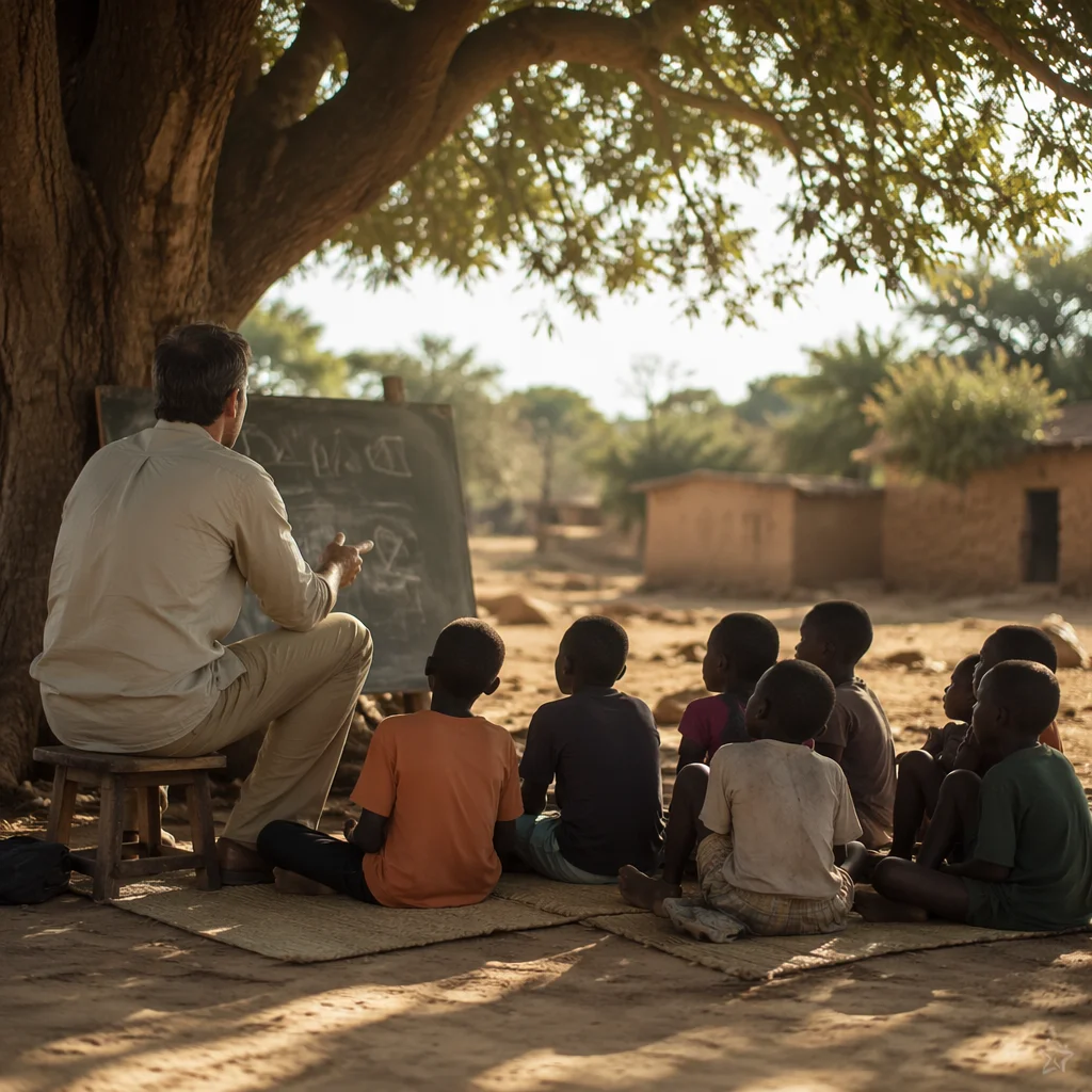 Missionary Teaching Children Beneath African Acacia Tree