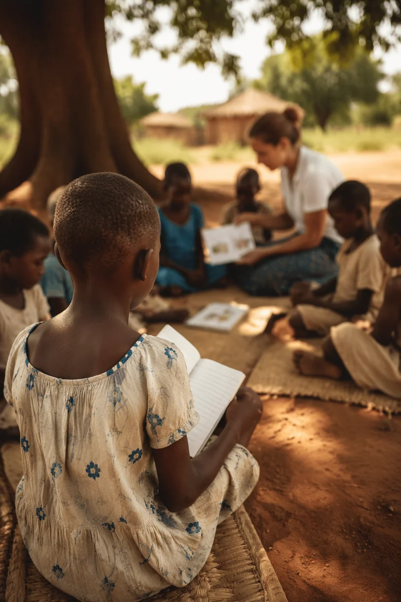 Missionary Teaching Children Beneath African Shade Tree