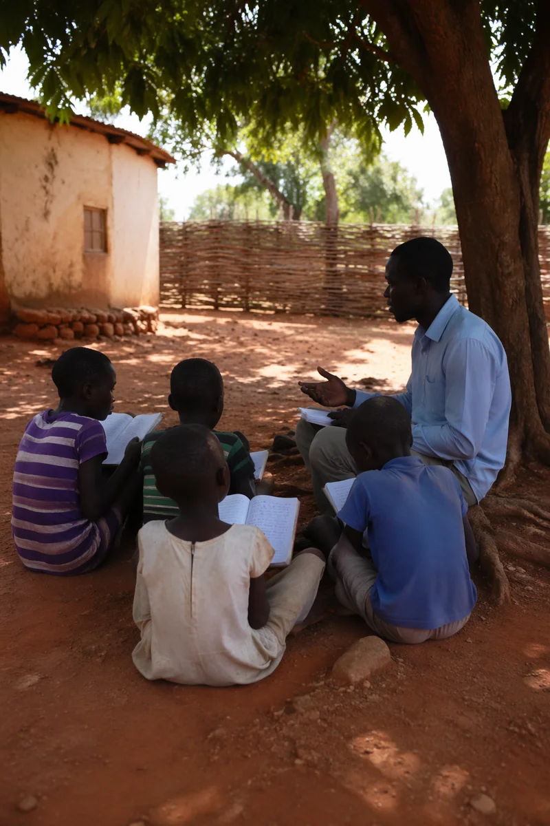 Missionary Teaching Children Under African Shade Tree