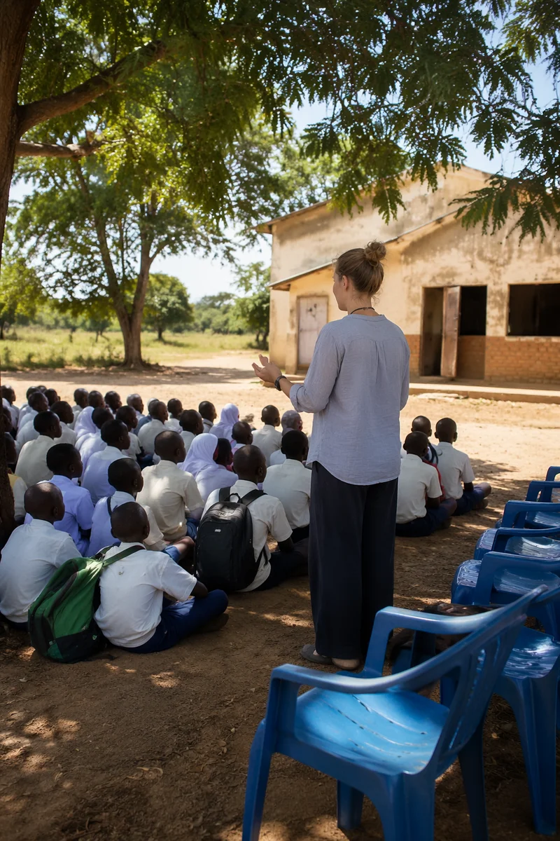 Missionary Teacher Leading Outdoor Class in Africa