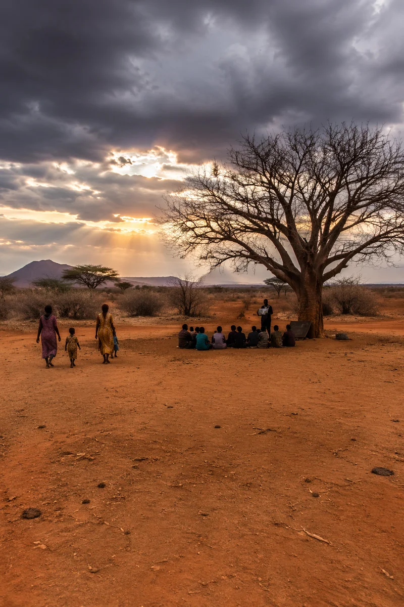 Missionary Teaching Children Beneath African Tree