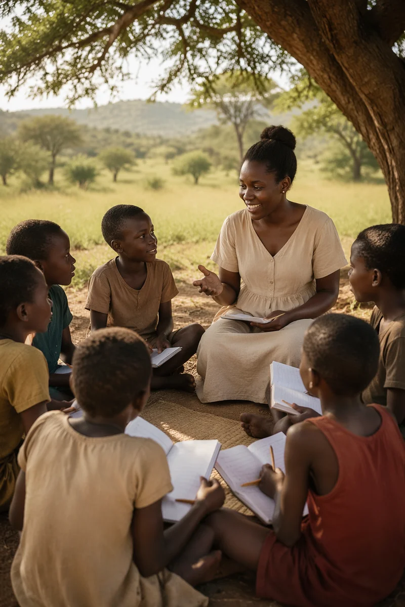 Woman Teaching Children Under Acacia Tree
