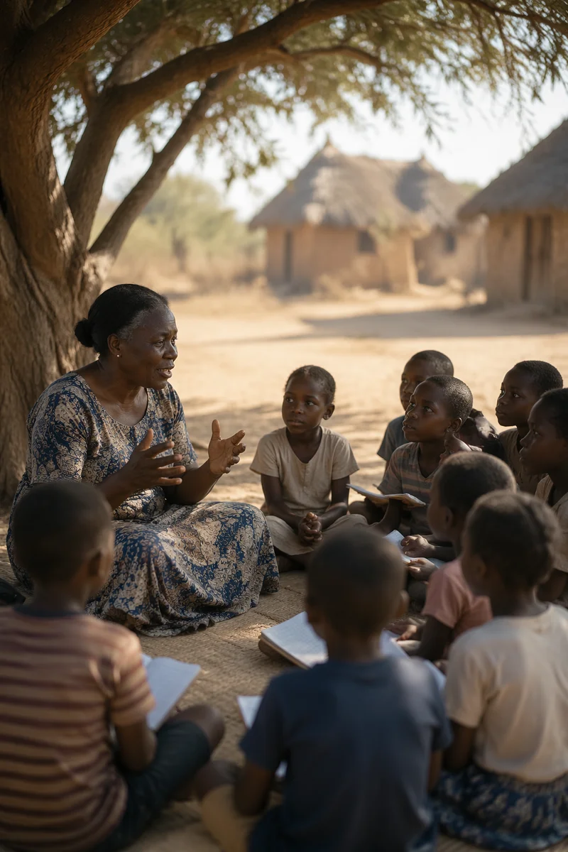 Woman Teaching Children Under Acacia Tree