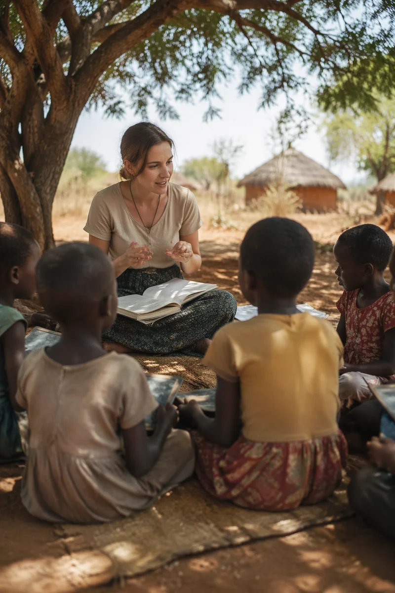 Missionary Teaching Children Beneath African Acacia