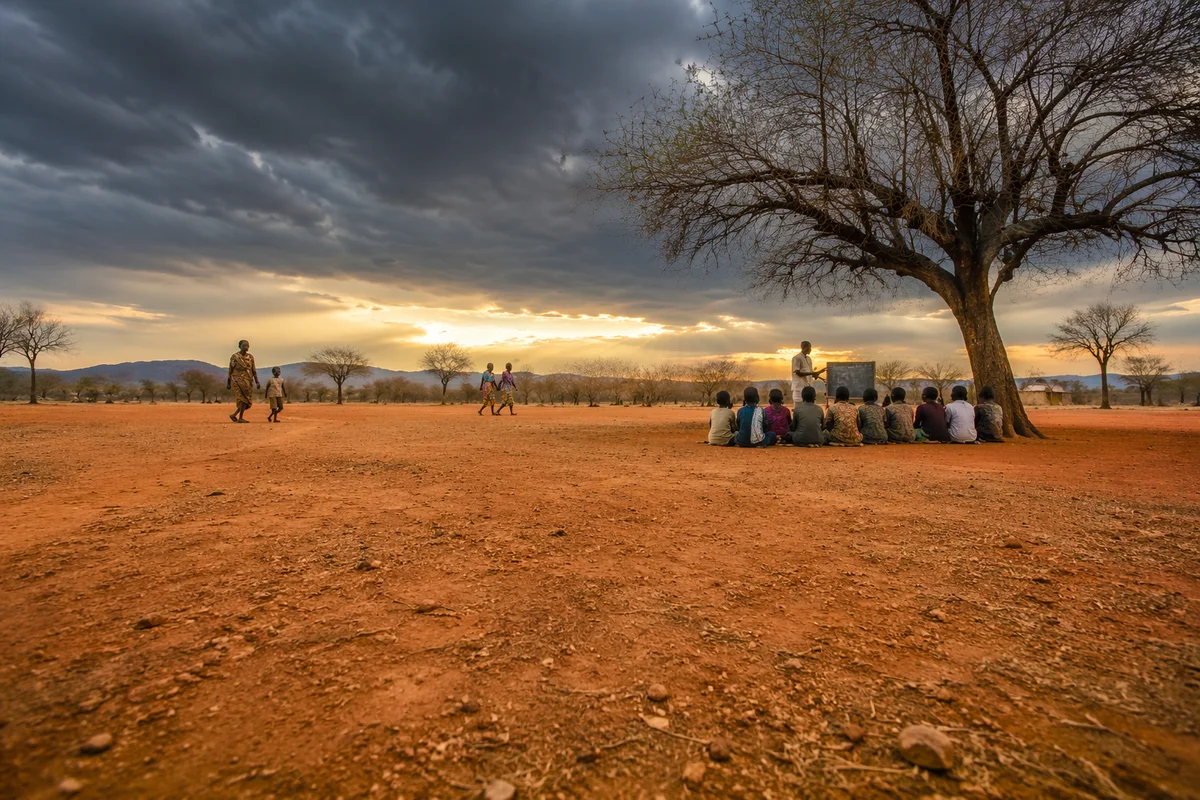 Missionary Teaching Children Beneath African Tree