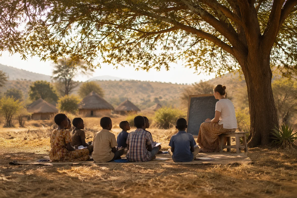 Missionary Teaching Children Beneath African Acacia