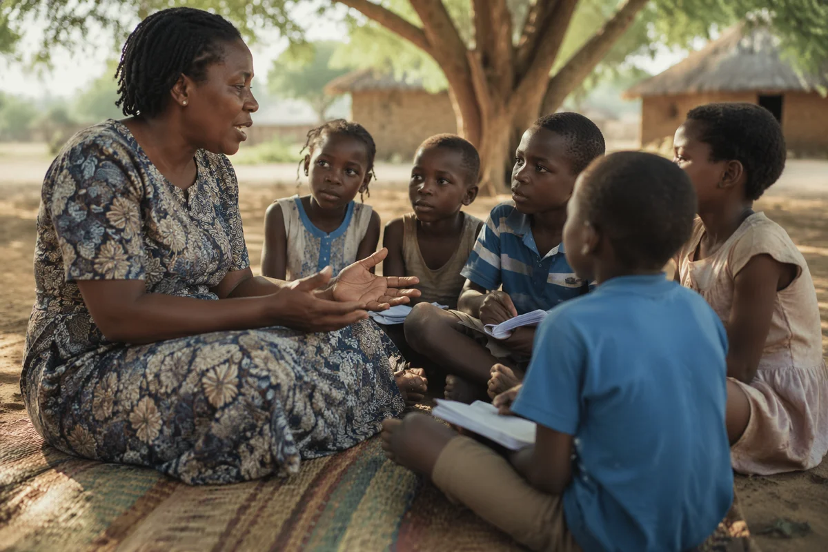 Woman Teaching Children Under Acacia Tree