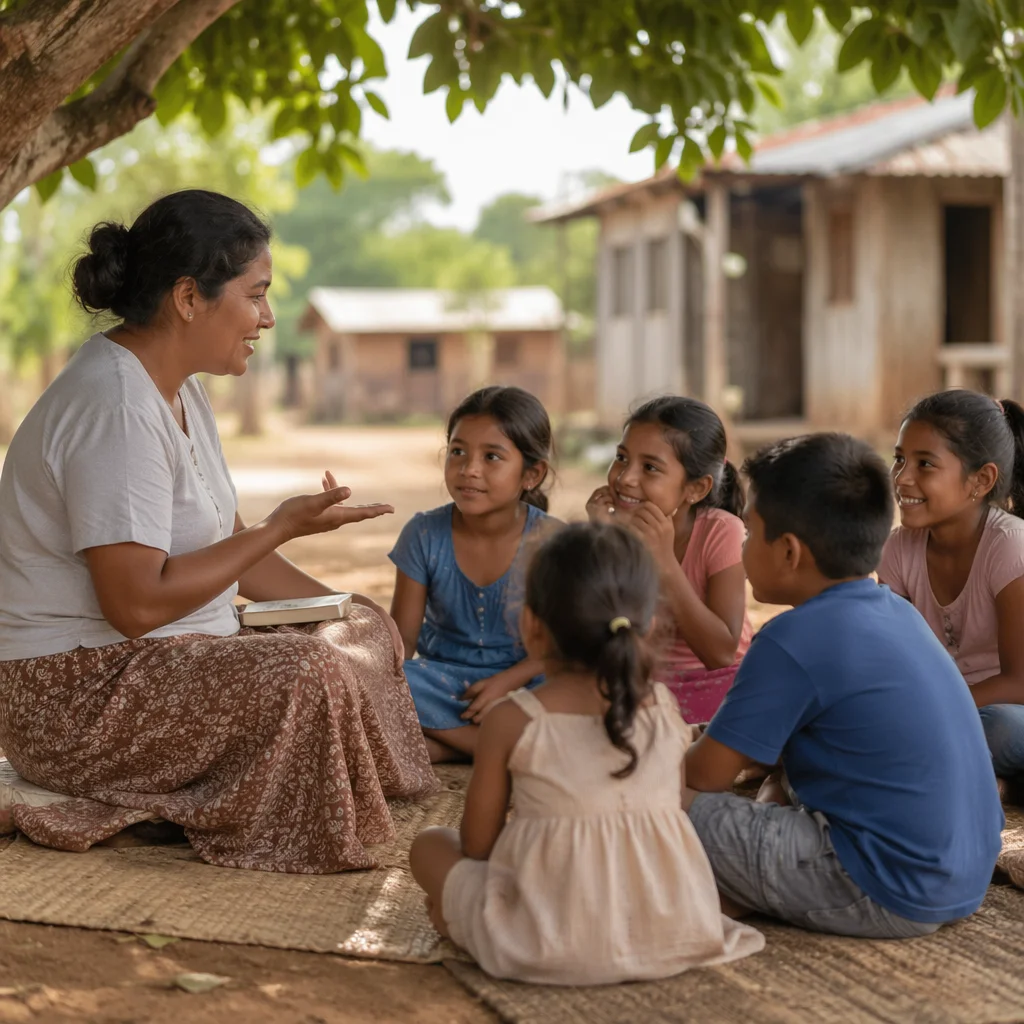 Woman Teaching Children Under Shade Tree