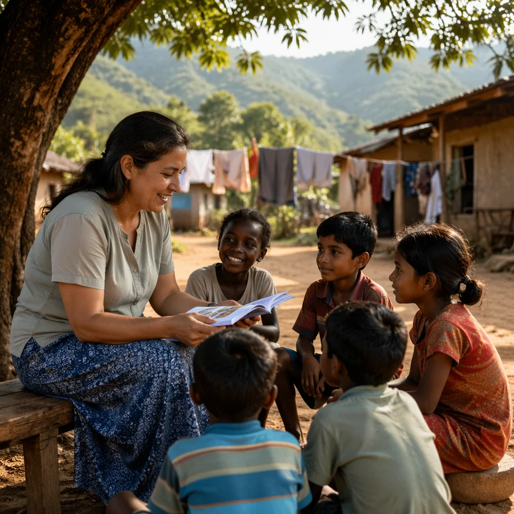 Woman Teaching Children Under Shade Tree