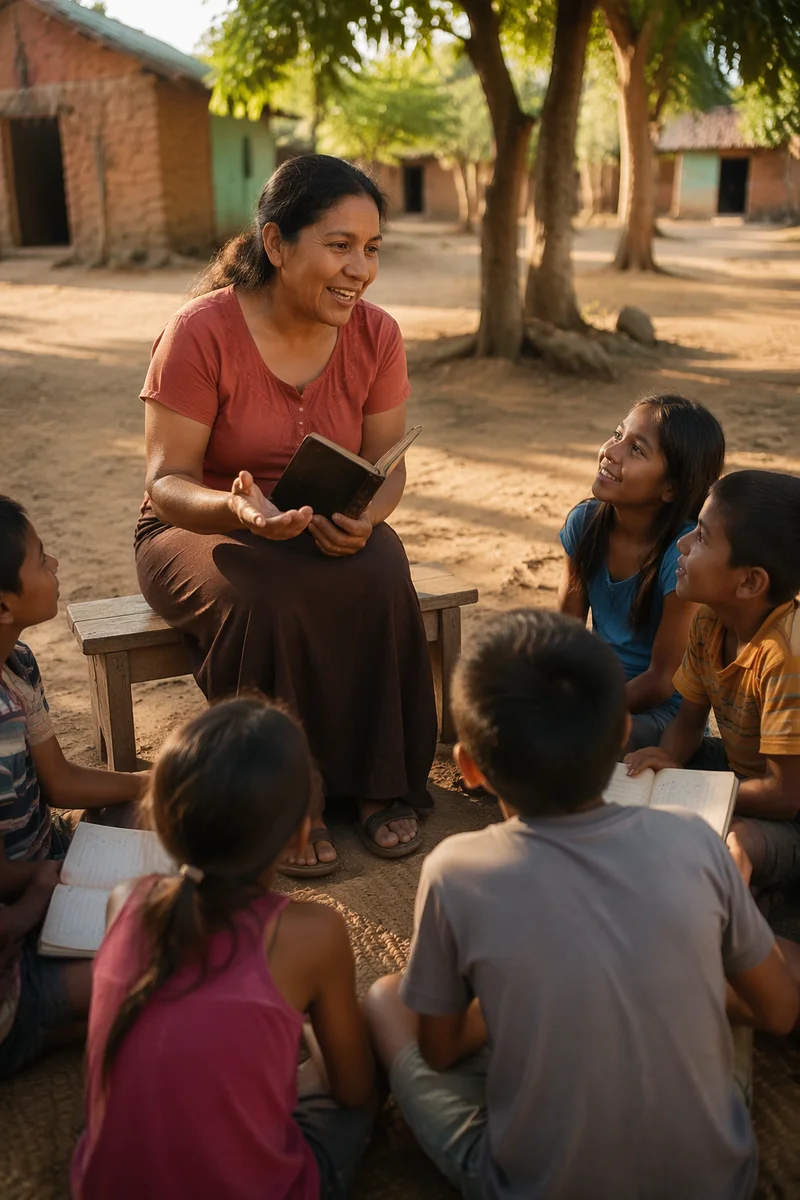 Woman Teaching Children in Village Clearing