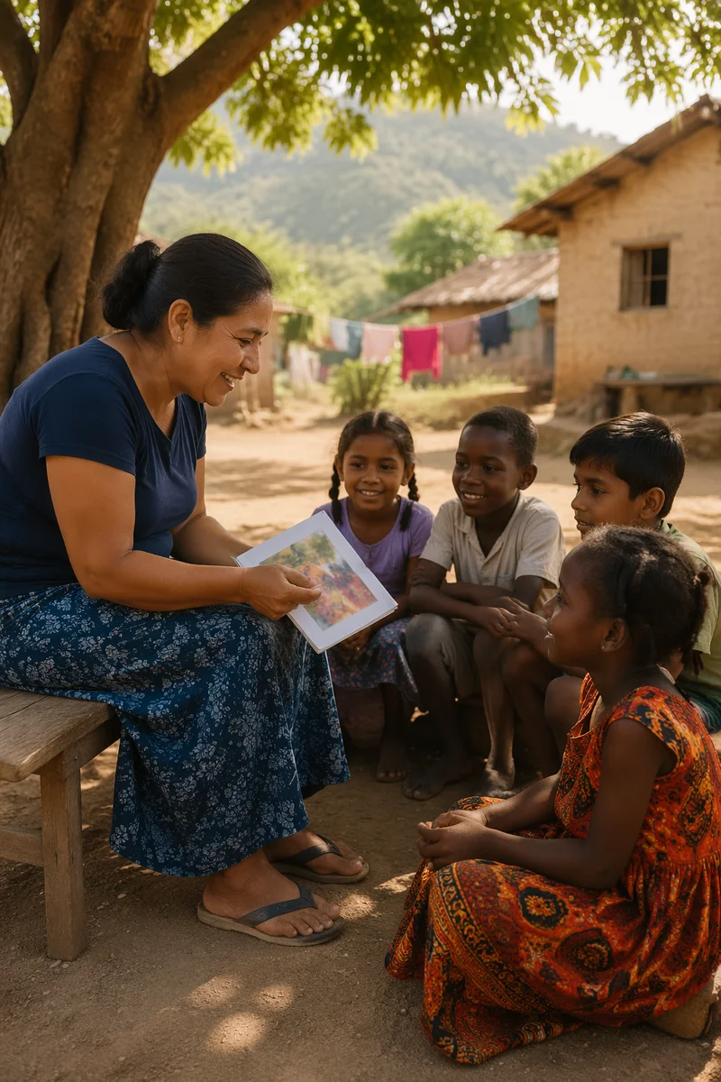Woman Teaching Children Under Shade Tree