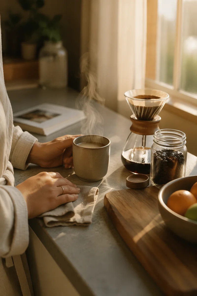 Peaceful Morning Coffee in Sunrise Kitchen