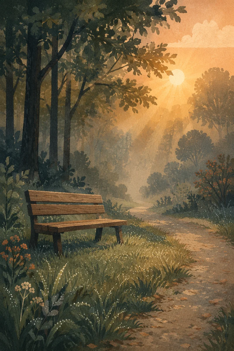 Misty Morning Park Walk with Wooden Bench