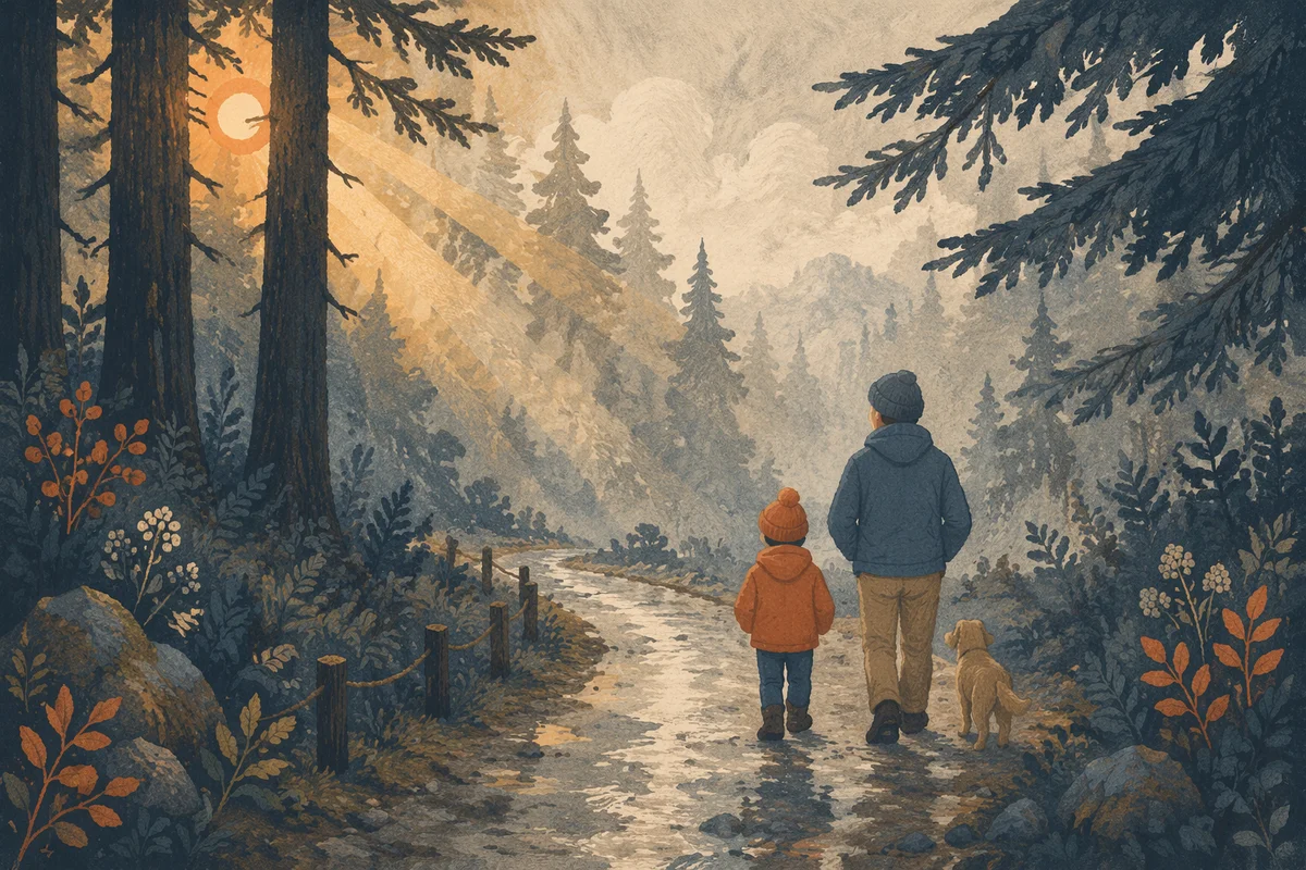 Misty Morning Park Path Through Evergreens