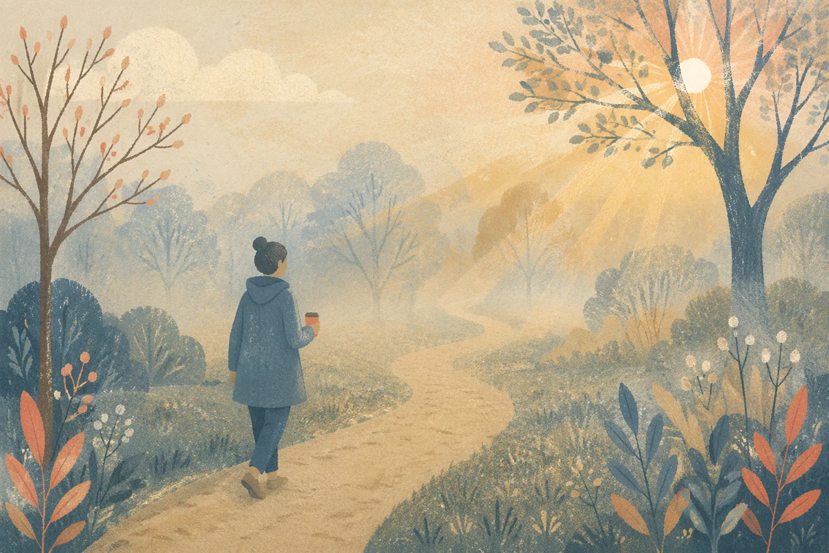 Peaceful Morning Walk on Misty Park Path