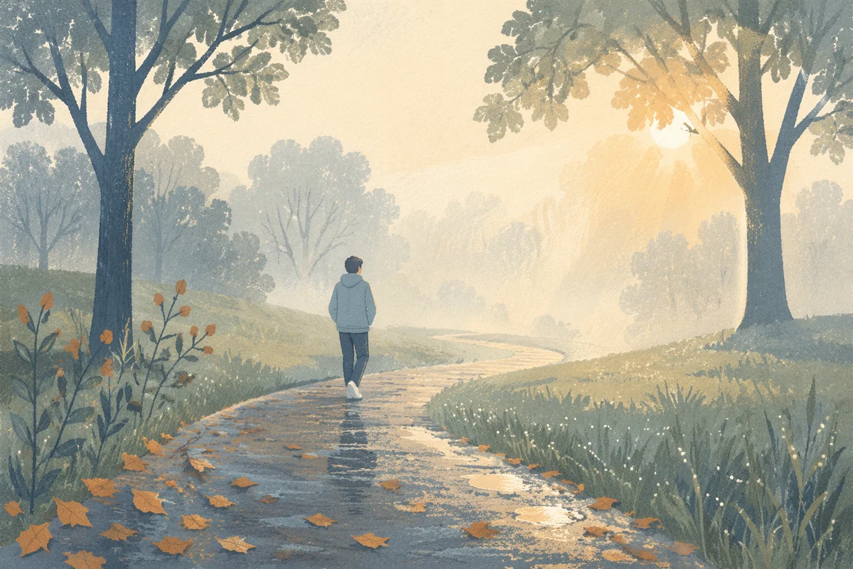Quiet Morning Walk on Misty Park Path