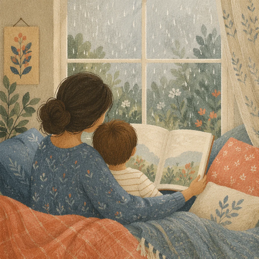 Mother and Child Reading by Rainy Window