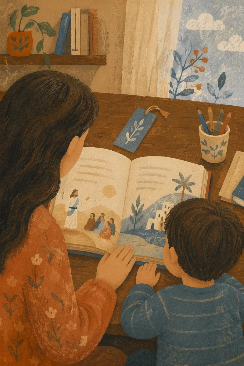 Mother and Child Reading at Desk