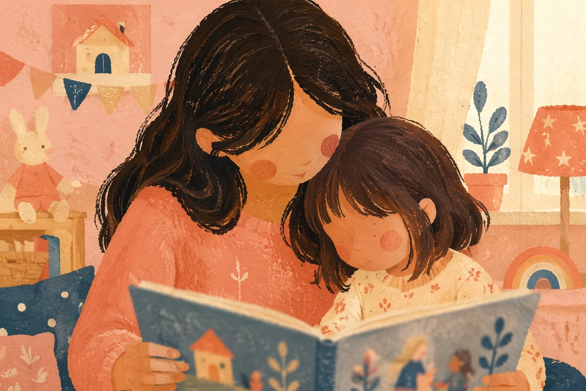 Mother and Child Reading in Cozy Room